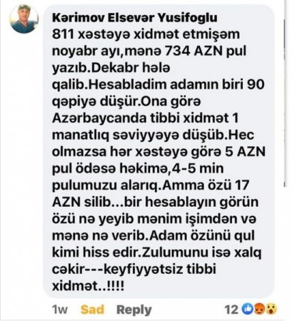 "811 xəstəyə xidmət etmişəm, 734 manat pul yazıb"