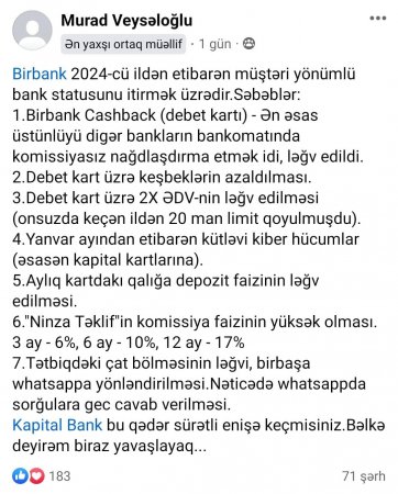 Müştərilər “Birbank”dan İMTİNA edir